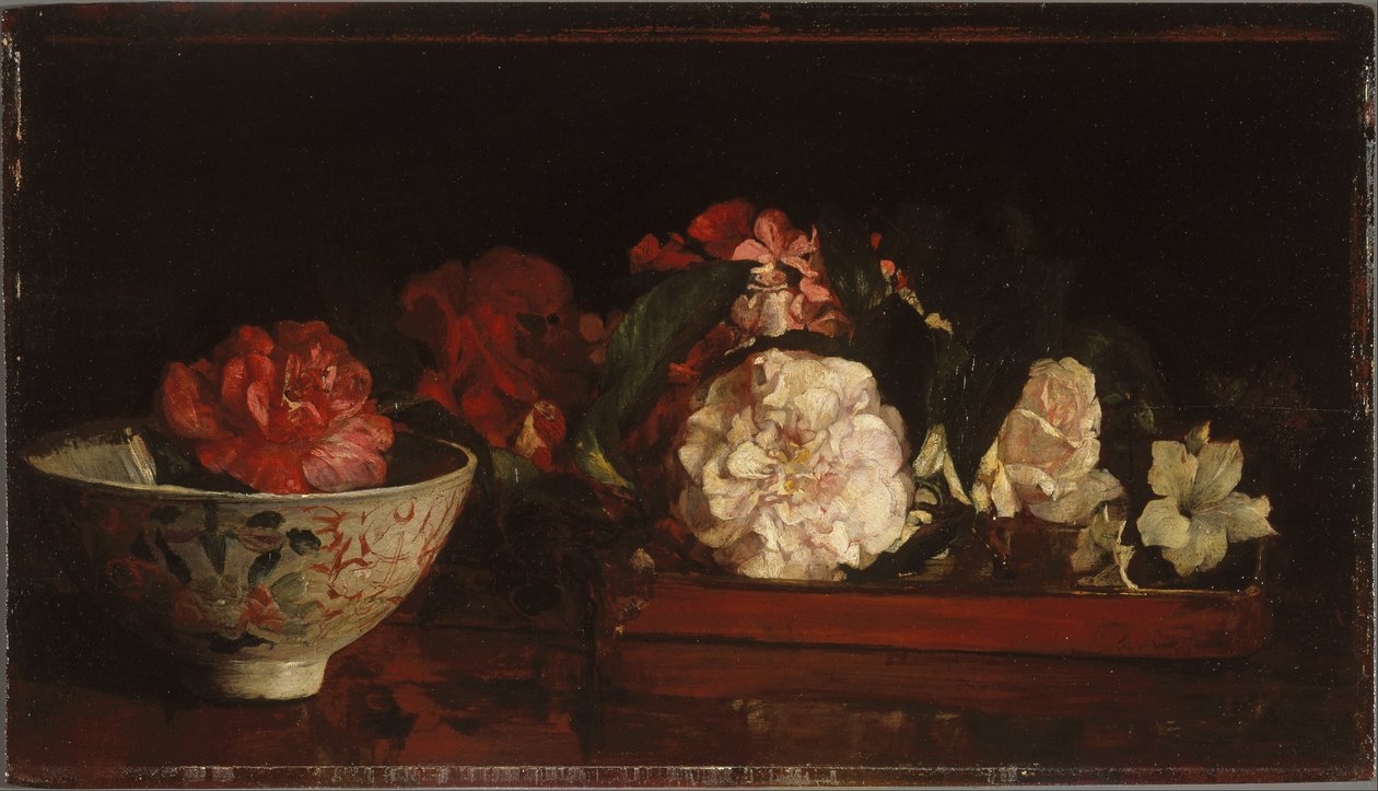 Blomster på en japansk bakke på et mahognibord af John La Farge