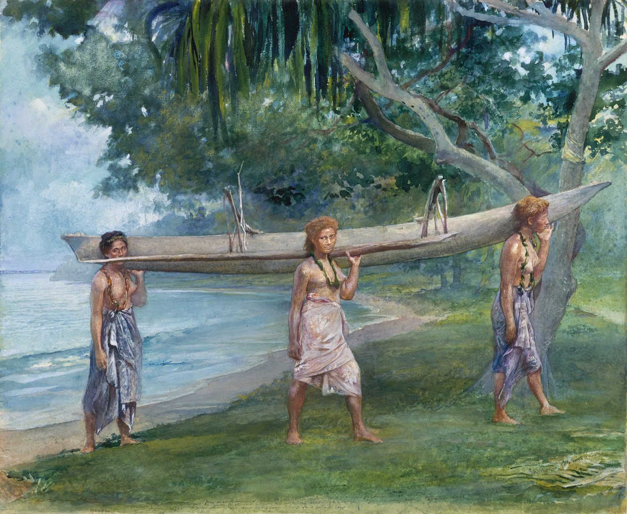 Piger, der bærer en kano, Vaiala i Samoa, 1891. af John La Farge