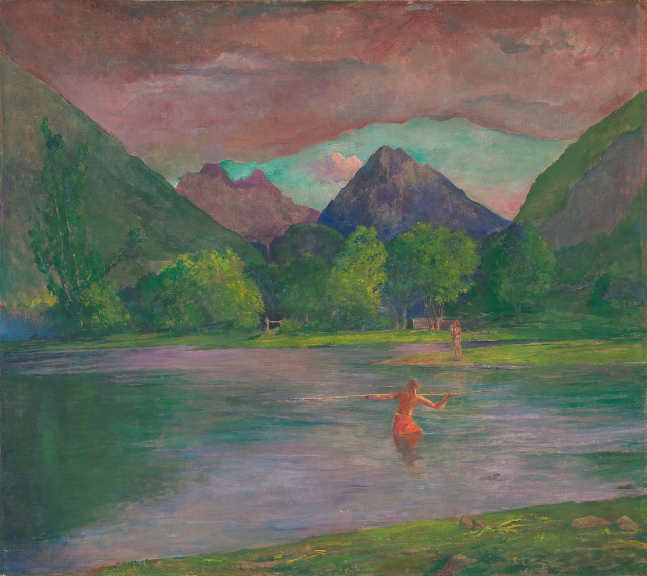 Indgangen til Tautira-floden, Tahiti. Fisker, der spyder en fisk af John La Farge