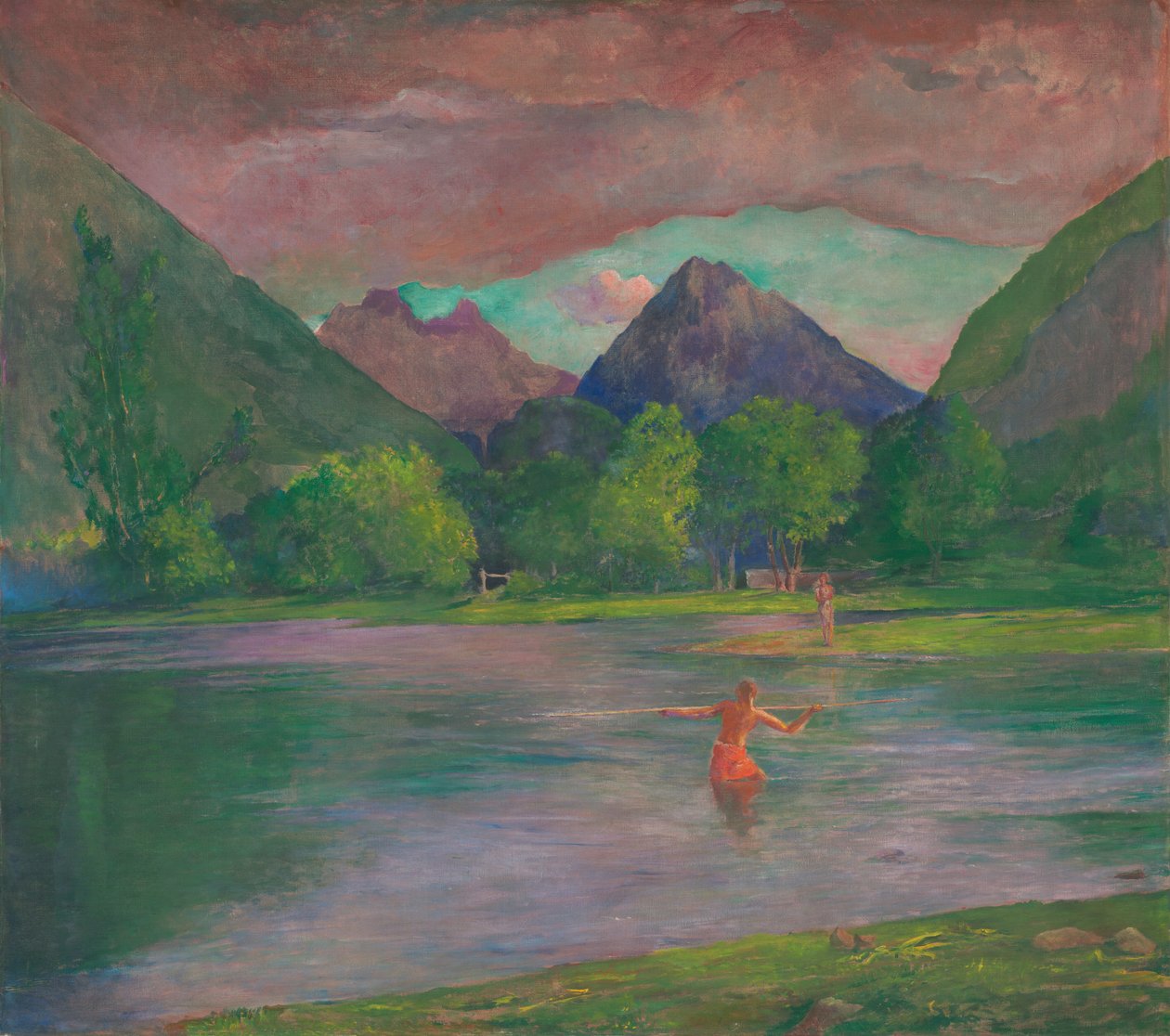 Indgangen til Tautira-floden, Tahiti. Fisherman Spearing a Fish, ca. 1895. af John La Farge