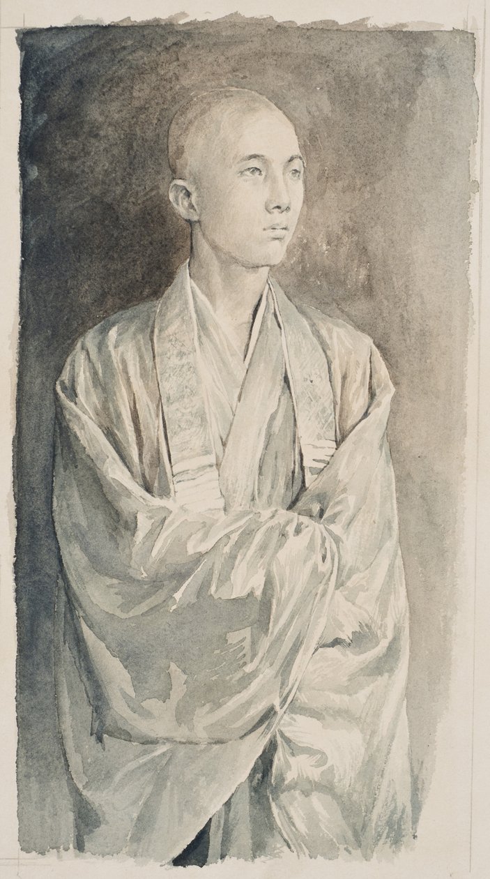 Portræt af en præst ved Temple of Lyemitsu, Nikko, ca. 1888 (sepia vask på papir) af John La Farge or Lafarge