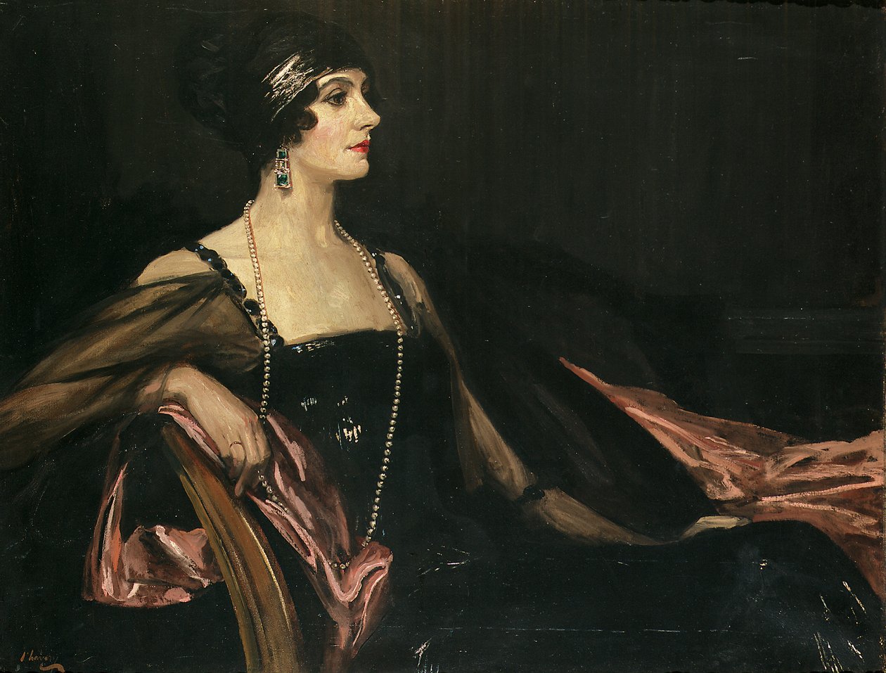 A Lady in Black: Portræt af Jean Ainsworth, Viscountesse Massereene og Ferrard af John Lavery