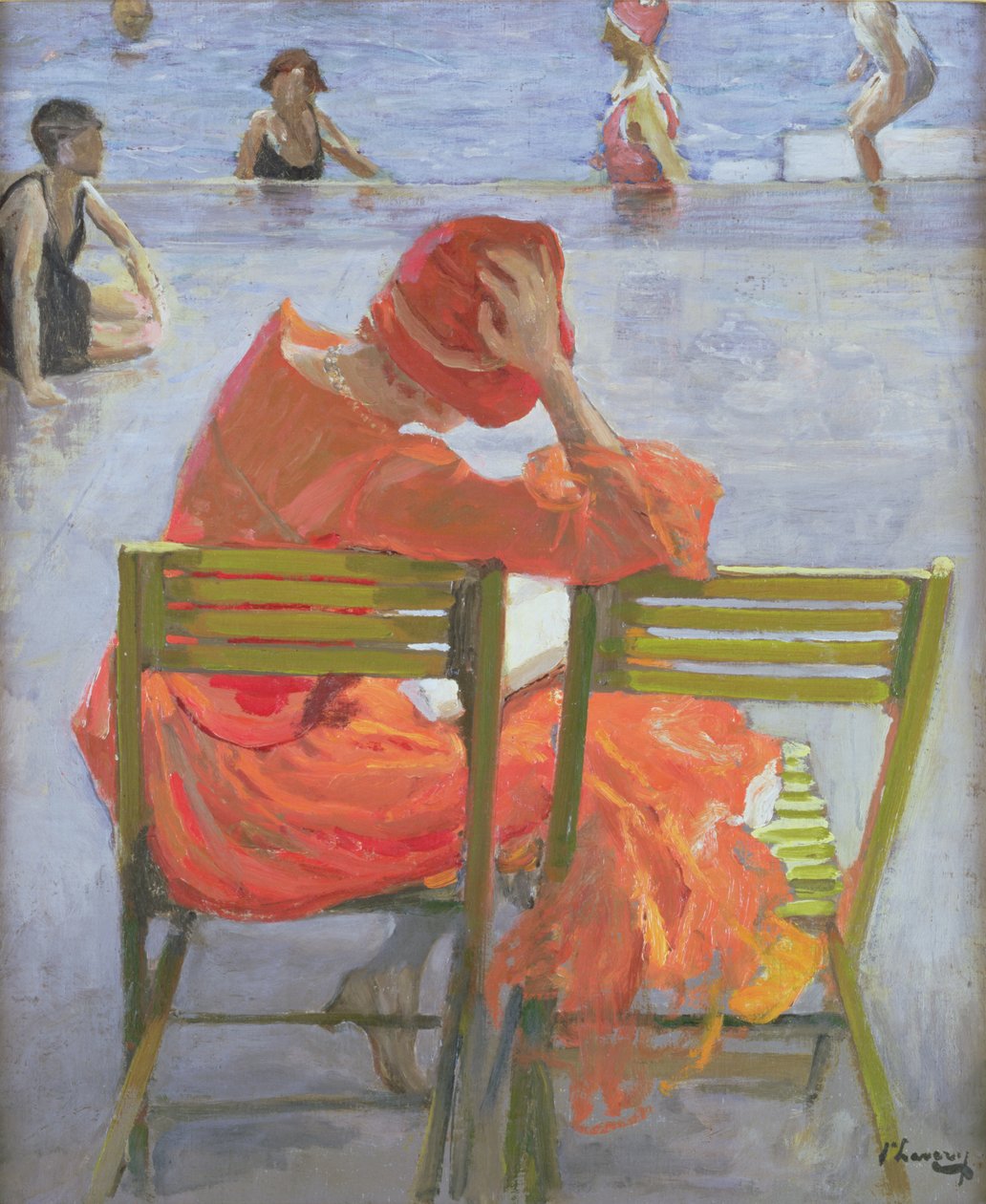 Pige i rød kjole læser ved en swimmingpool af John Lavery