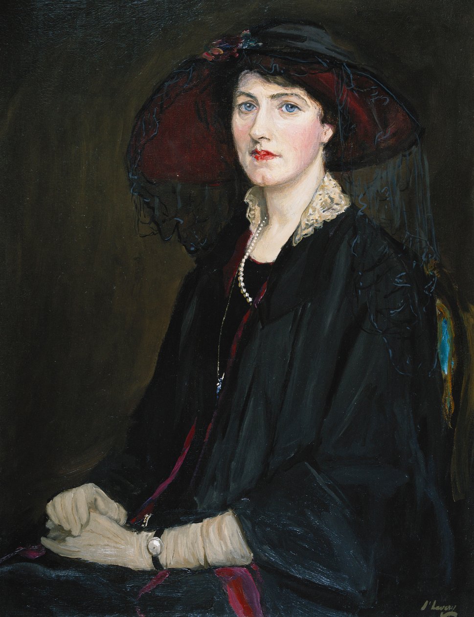 Portrait of Lady Raeburn, seated half length, in a Lace Collared Jacket, Pearl Necklace and black hat dani af John Lavery