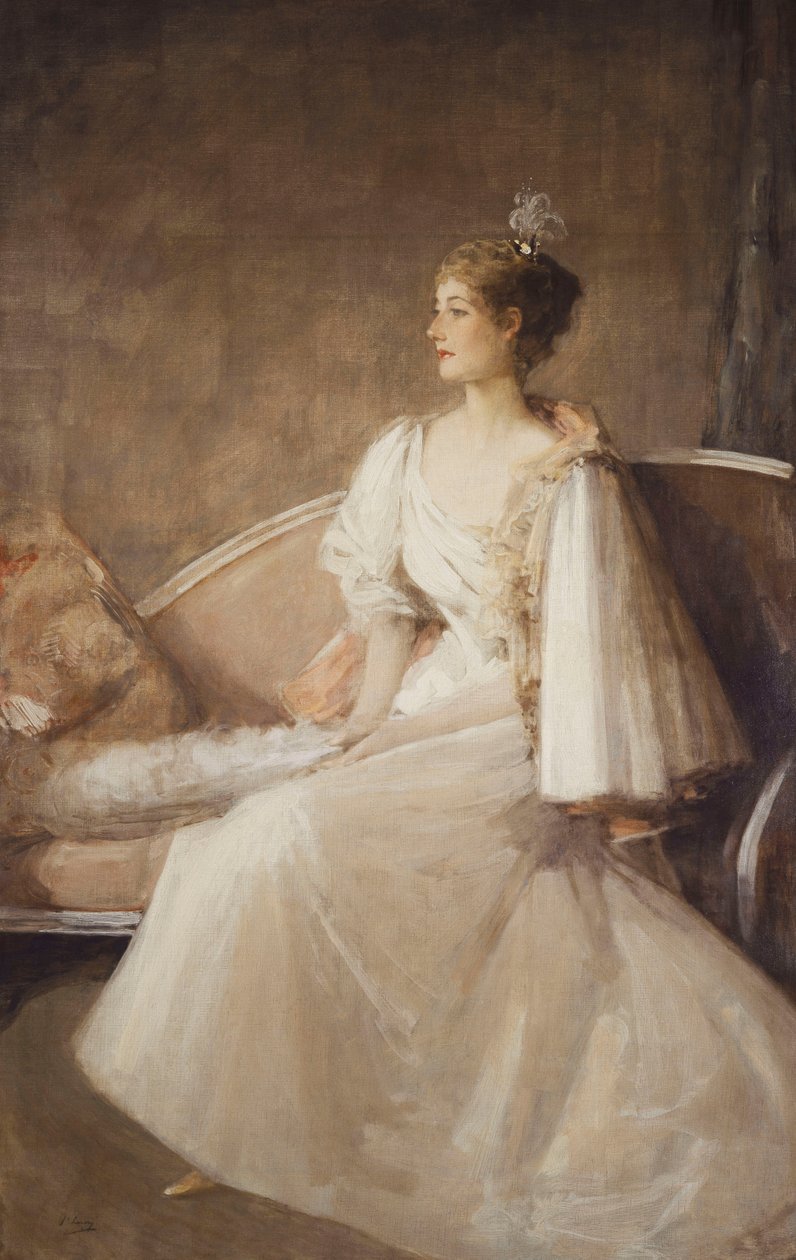 Portræt af en dame siddende på en sofa, ca. 1900 (olie på lærred) af John Lavery