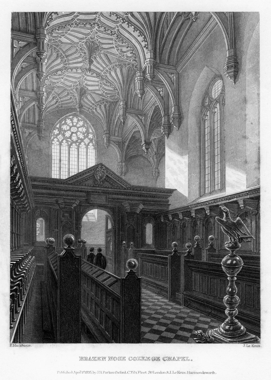 Brazen Nose Brasenose College Chapel, Oxford University, 1835. af John Le Keux