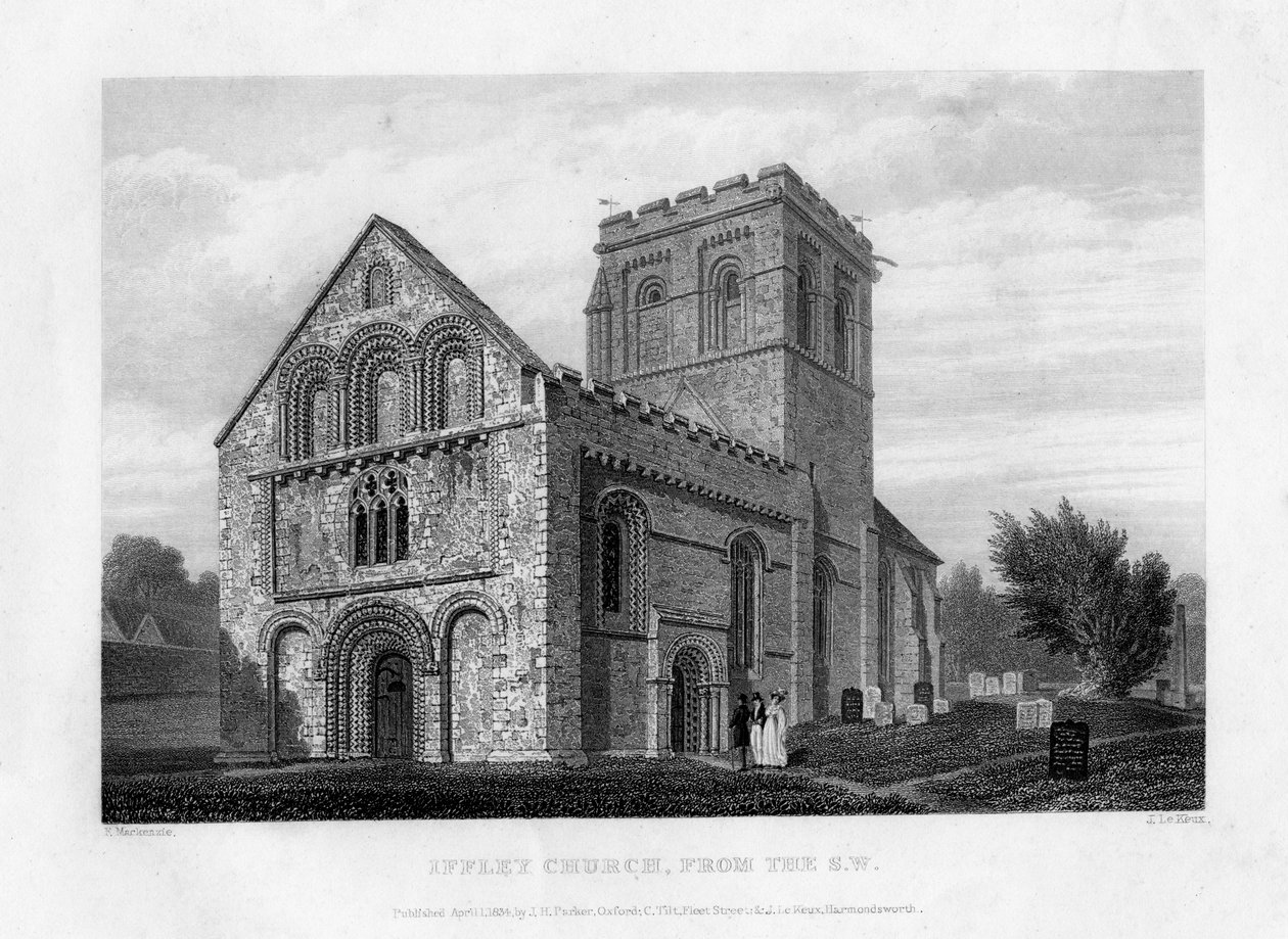Iffley Church fra sydvest, Oxfordford, 1834. af John Le Keux