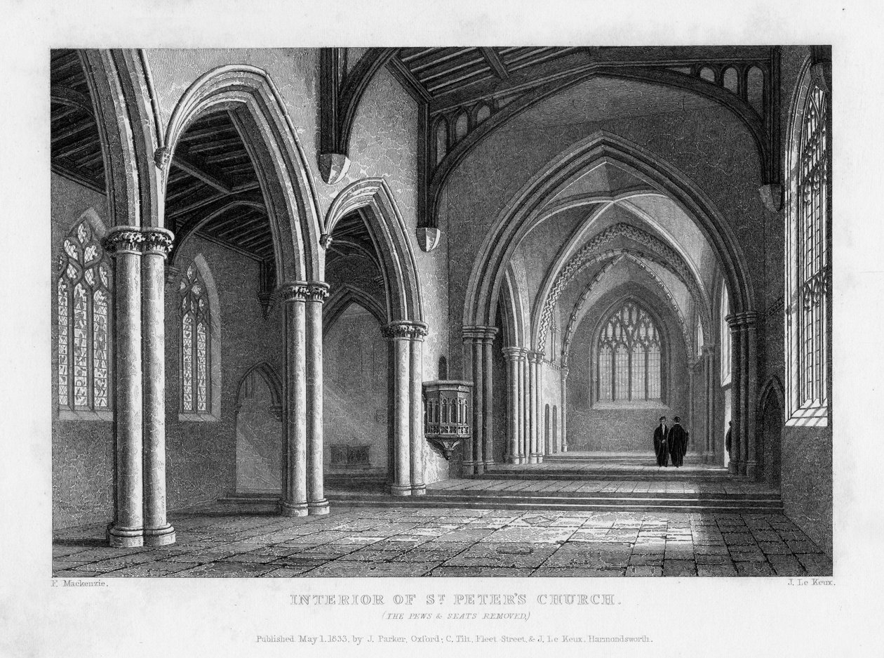 Interiør af St Peters Church, Oxford, 1833. af John Le Keux