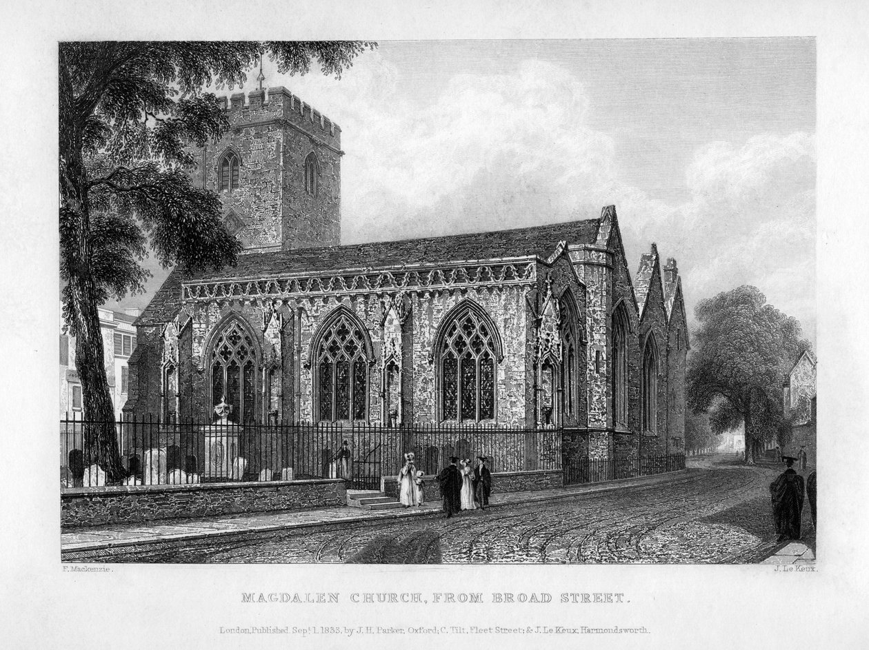 Magdalen Church, fra Broad Street, Oxford, 1833. af John Le Keux