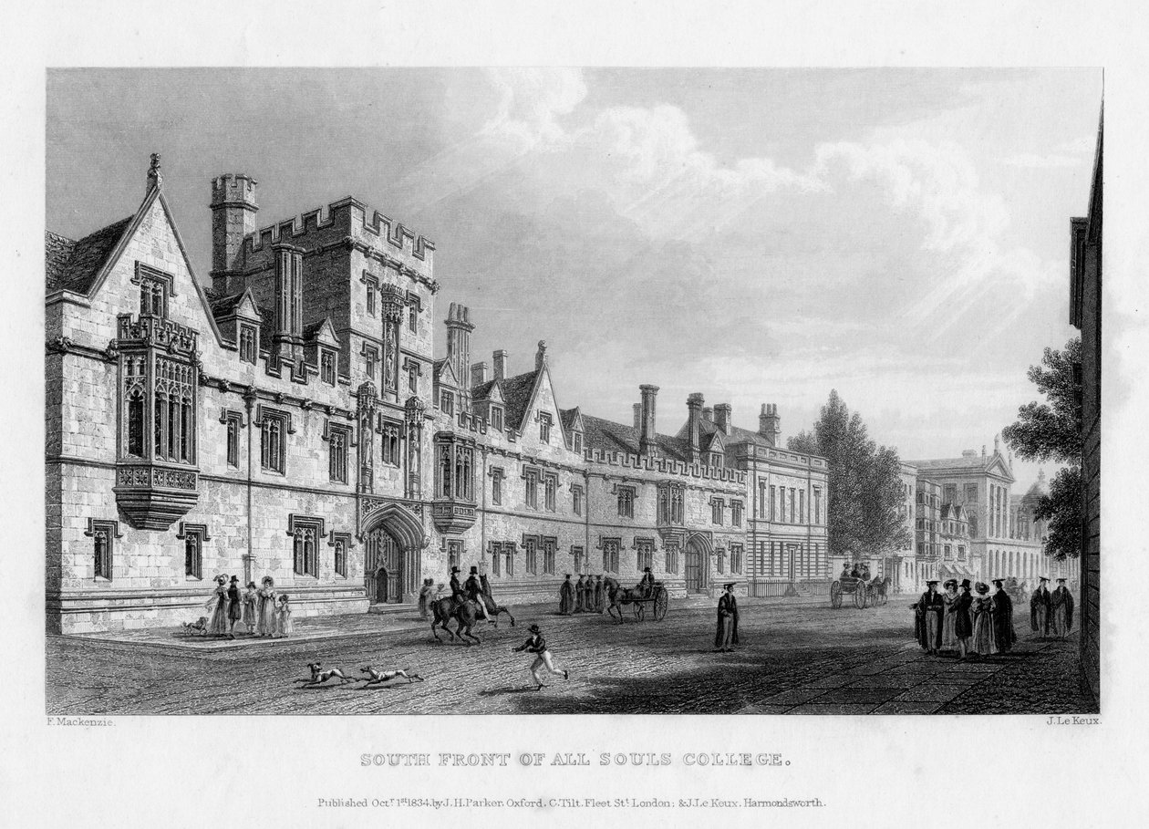 Sydfronten af All Souls College, Oxford University, 1834. af John Le Keux