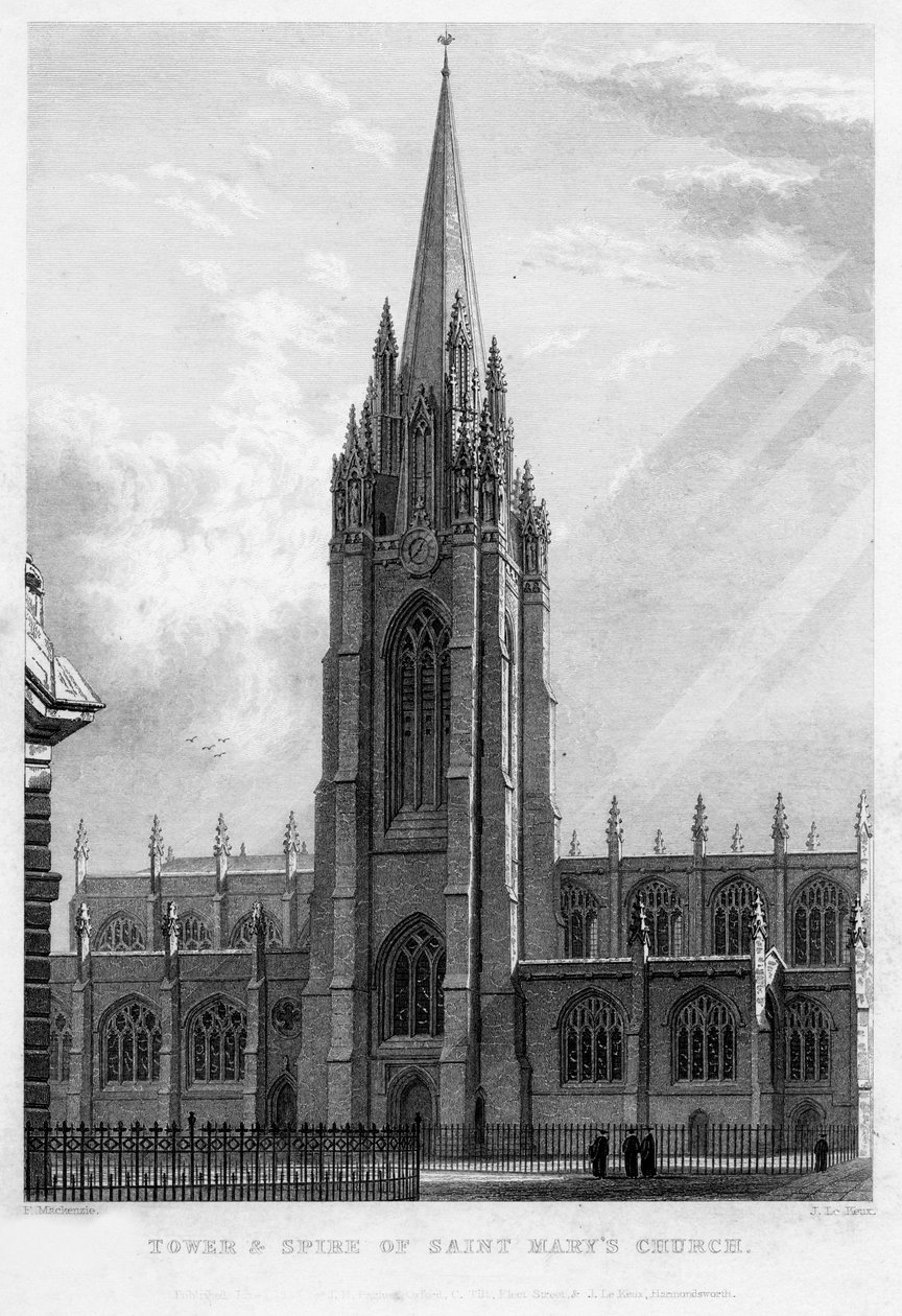 Tårn og spir i Saint Marys Church, Oxford, 1833. af John Le Keux