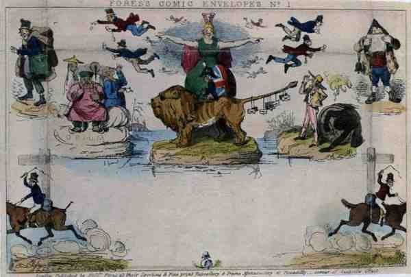 Karikatur af Mulready Envelope, pub. af herrerne Fores af John Leech