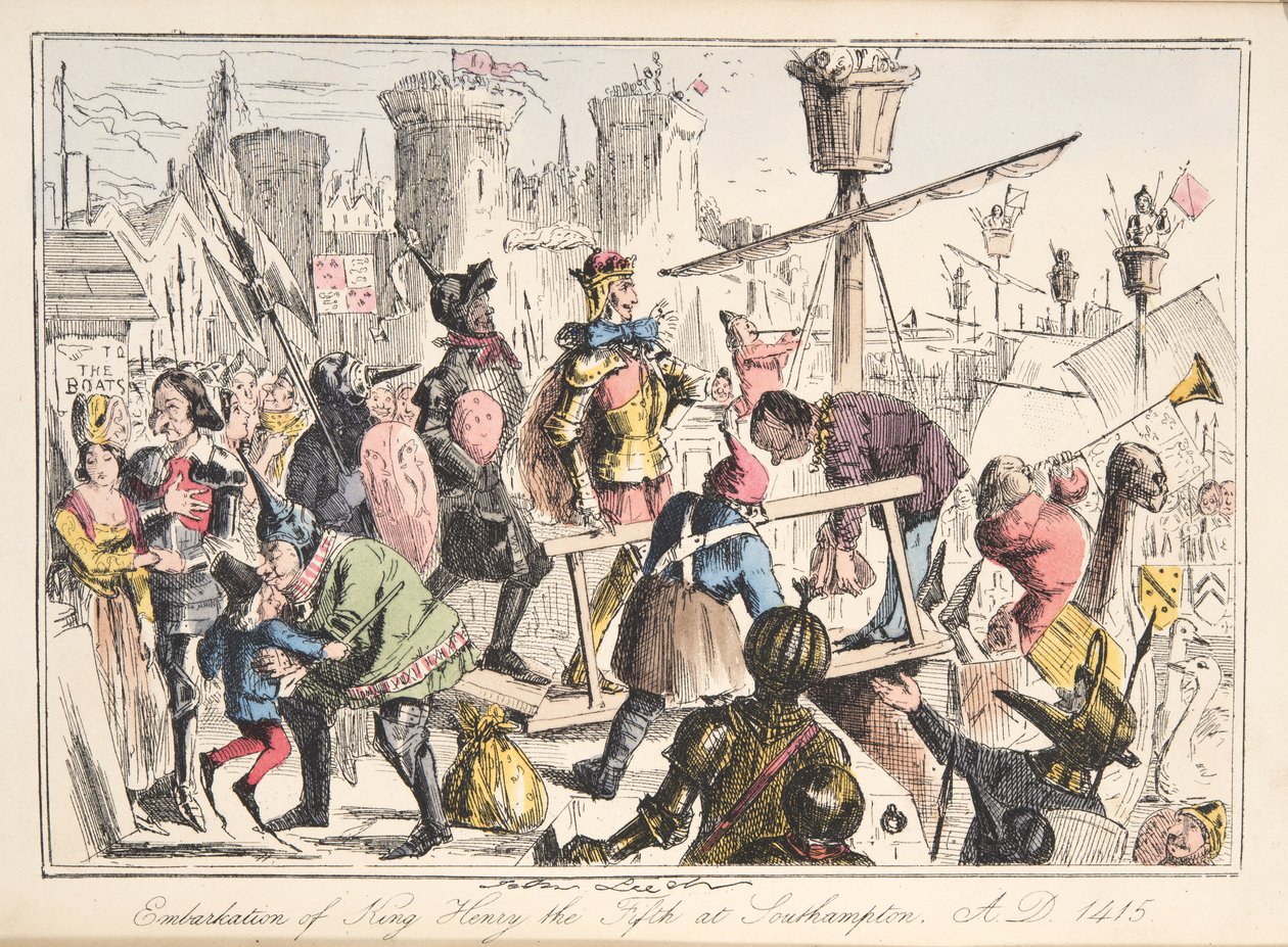 Indskibning af Henry V. i Southampton, AD 1415, fra The Comic History of England, pub. 1864 (håndfarvet radering) af John Leech