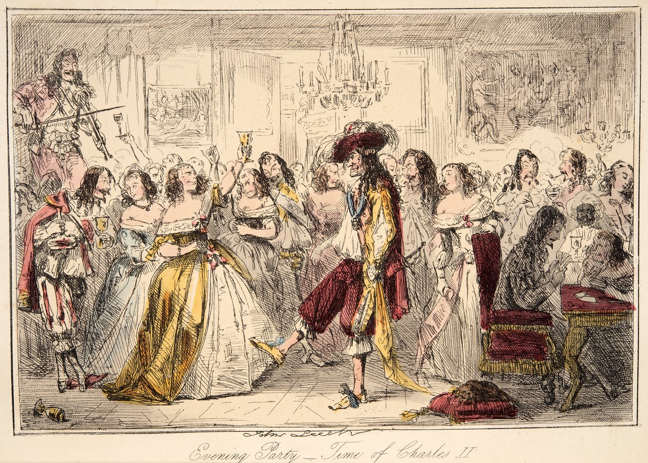 Evening Party - Time of Charles the Second, fra The Comic History of England, pub. 1864 (håndfarvet radering) af John Leech
