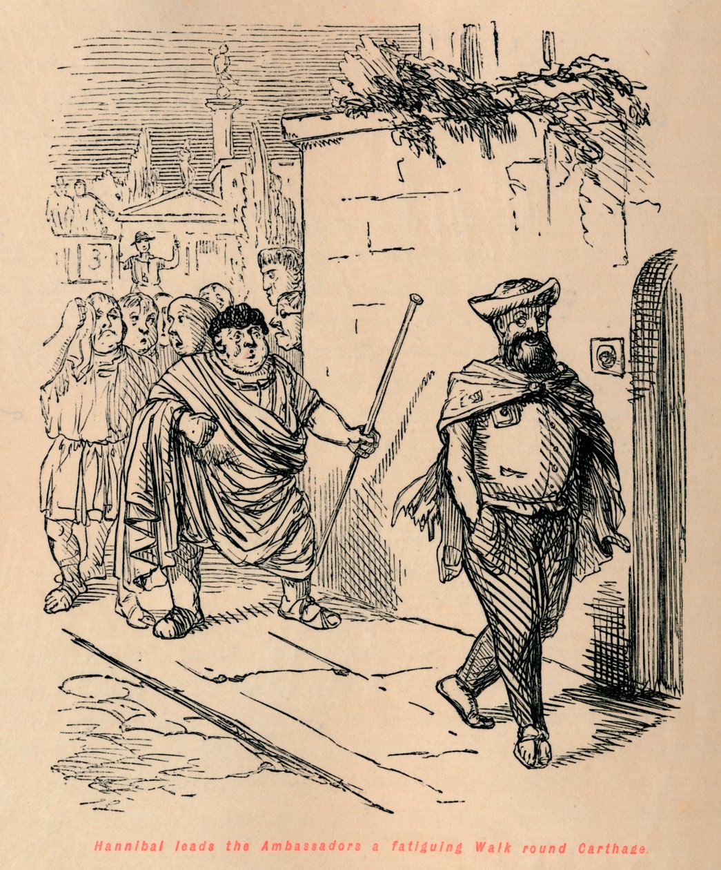 Hannibal leder ambassadørerne en anstrengende gåtur rundt i Kartago, 1852 af John Leech