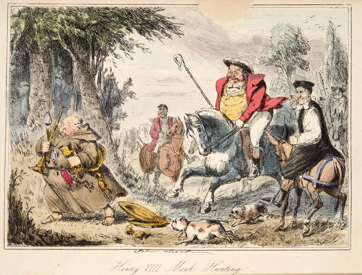 Henry VIII Monk-Hunting, fra The Comic History of England, pub. 1864 (håndfarvet radering) af John Leech