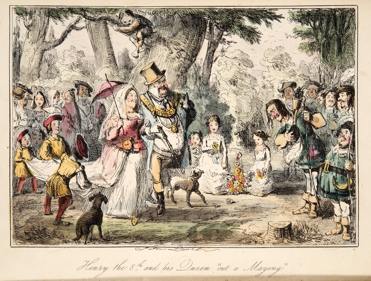 Henry VIII and his Queen Out-a-Maying, fra The Comic History of England, pub. 1864 (håndfarvet radering) af John Leech