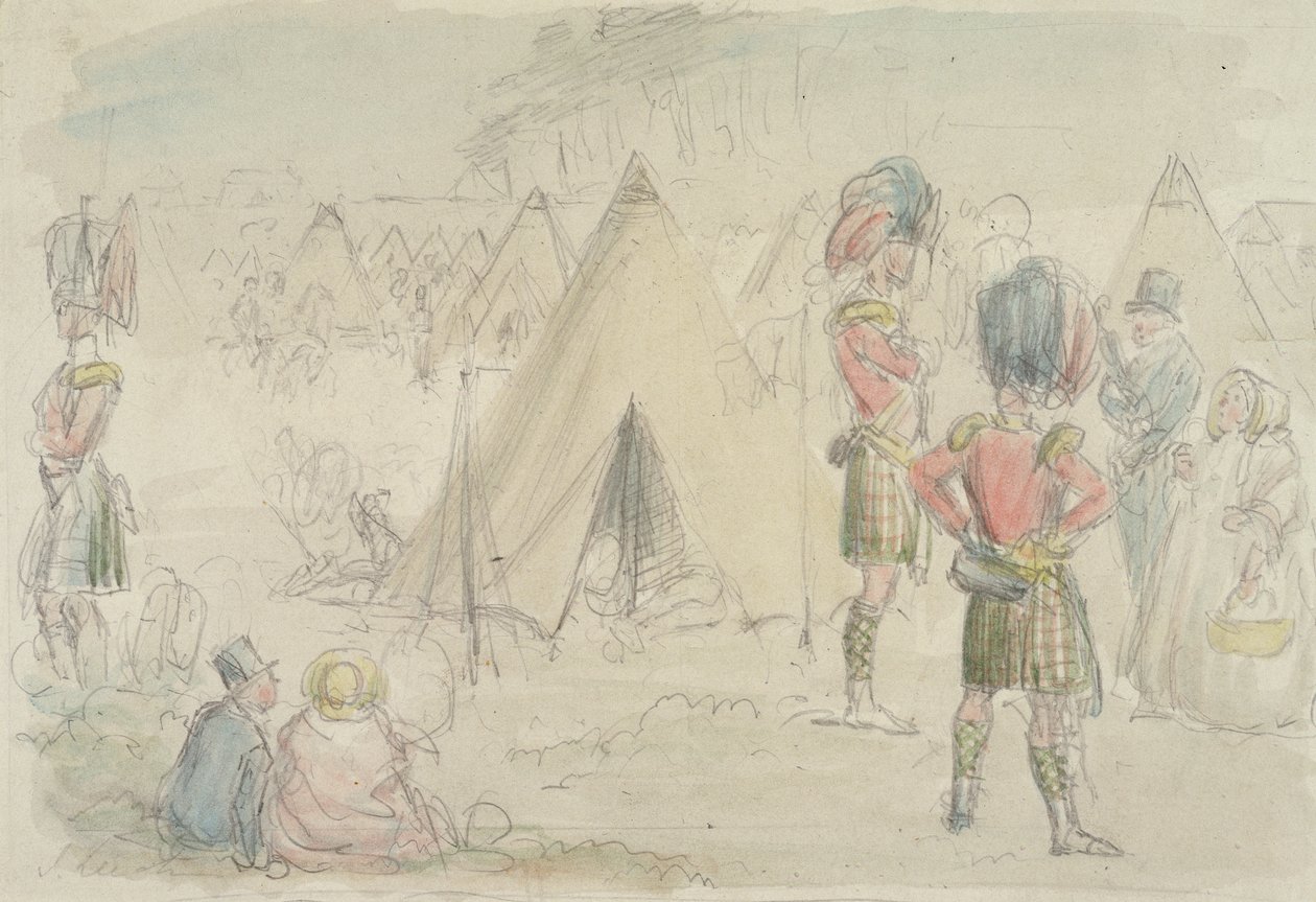 Highland Regiment in Camp (wc og grafit på papir) af John Leech