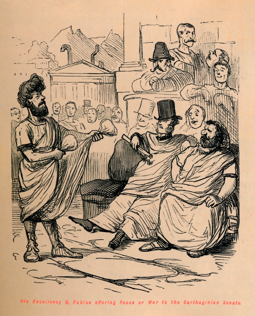 Hans Excellence Q Fabius tilbyder fred eller krig til det karthagiske senat, 1852 af John Leech