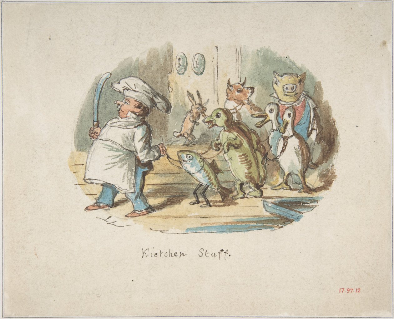 Køkkenpersonale (forside); Bjerglandskab med vandrer (bagside) af John Leech