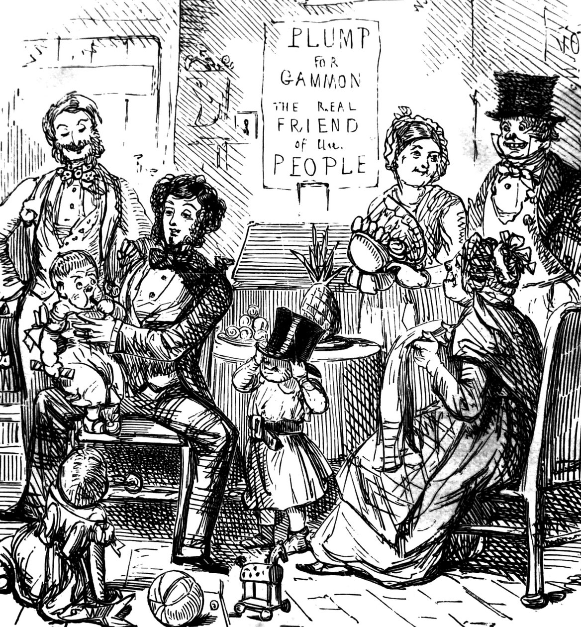 Medlemmer af en førsteklasses familie tilbringer tid sammen i en butik af John Leech