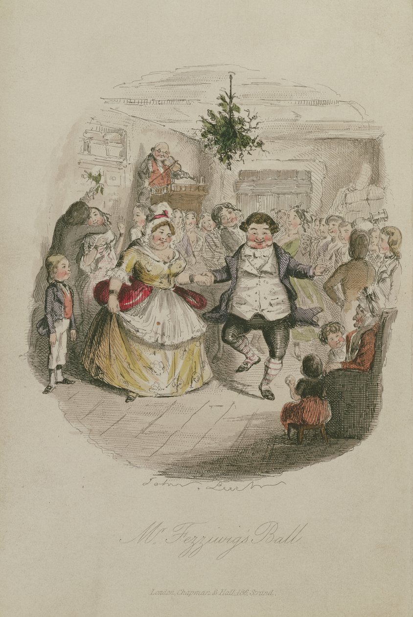Mr Fezzywigs Ball, illustration fra A Christmas Carol af Charles Dickens (1812-1870), pub.1843 (håndfarvet gravering) af John Leech