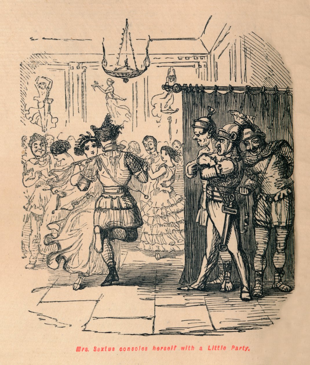 Fru Sextus trøster sig med en lille fest, 1852 af John Leech