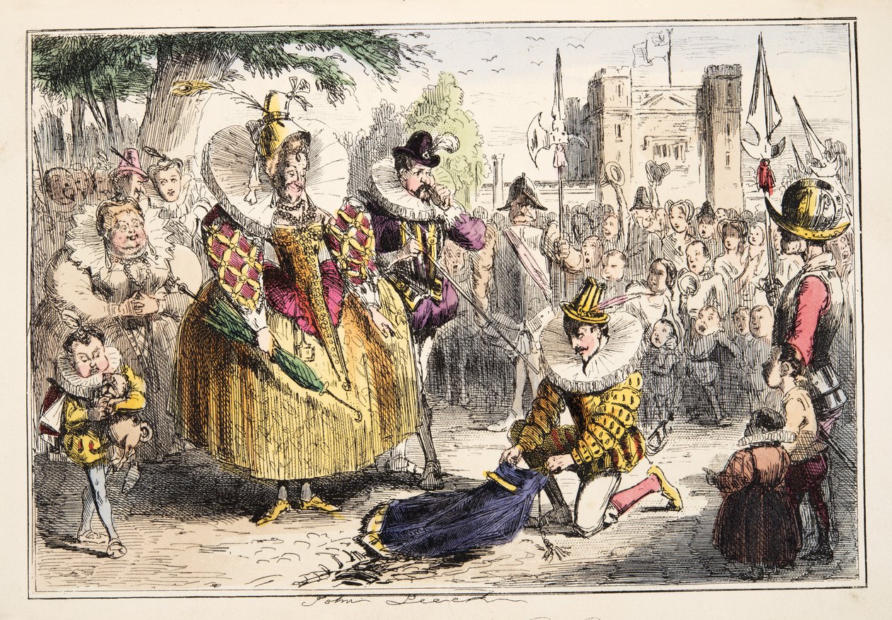 Dronning Elizabeth og Sir Walter Raleigh, fra The Comic History of England, pub. 1864 (håndfarvet radering) af John Leech