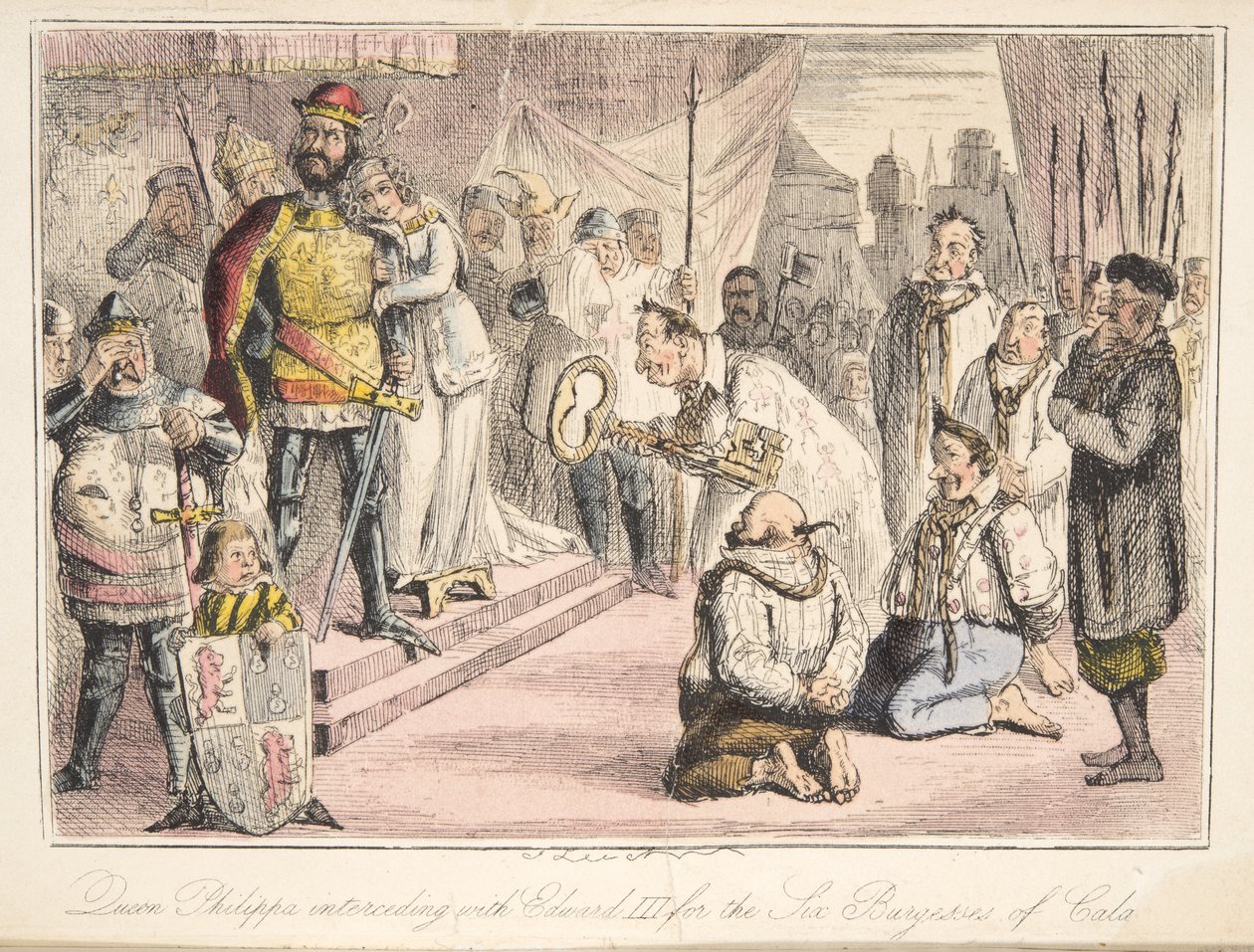 Dronning Philippa går i forbøn med Edward III, for de seks burgesser i Calais, fra The Comic History of England, pub. 1864 (håndfarvet radering) af John Leech
