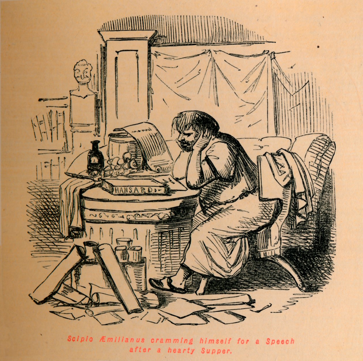 Scipio Aemilianus propper sig til en tale efter en solid nadver, 1852 af John Leech