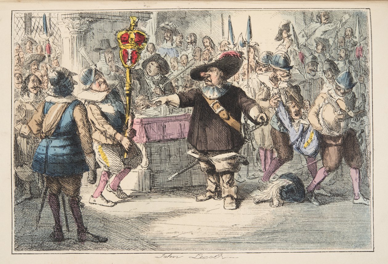 Tag den Bauble væk, Cromwell opløser det lange parlament, fra The Comic History of England, pub. 1864 (håndfarvet radering) af John Leech