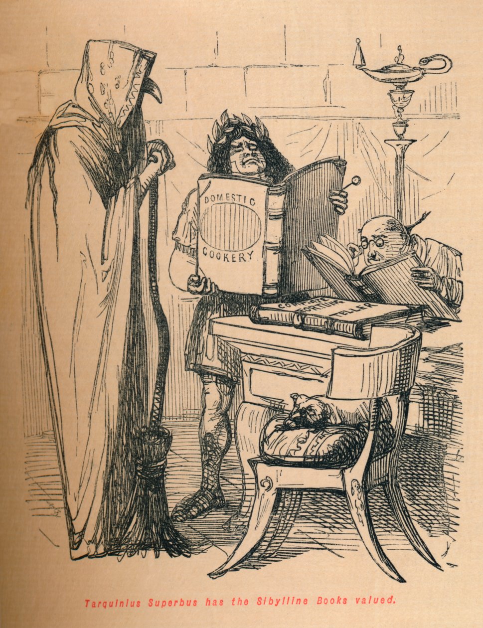 Tarquinius Superbus har Sibylline-bøgerne vurderet, 1852 af John Leech
