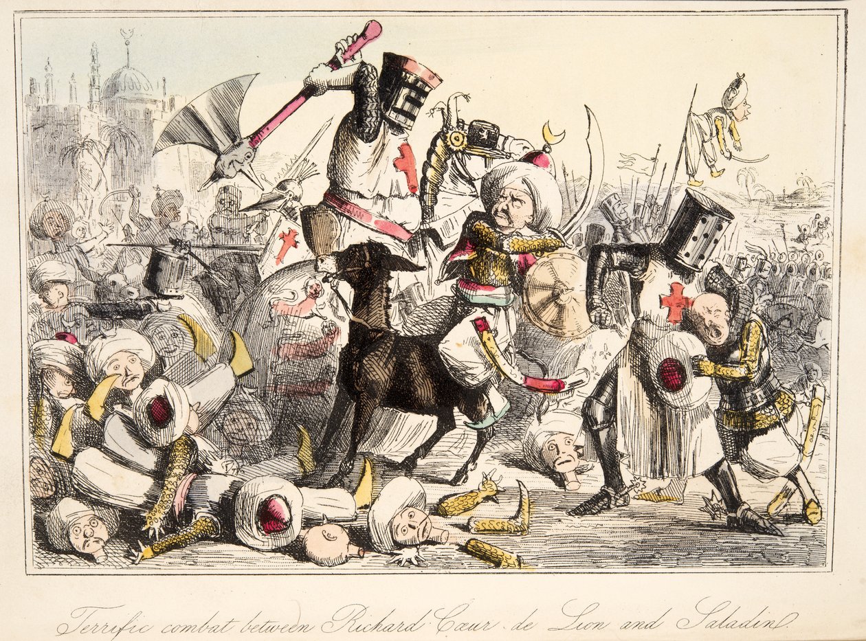 Fantastisk kamp mellem Richard Coeur de Lion og Saladin fra The Comic History of England, pub. 1864 (håndfarvet radering) af John Leech