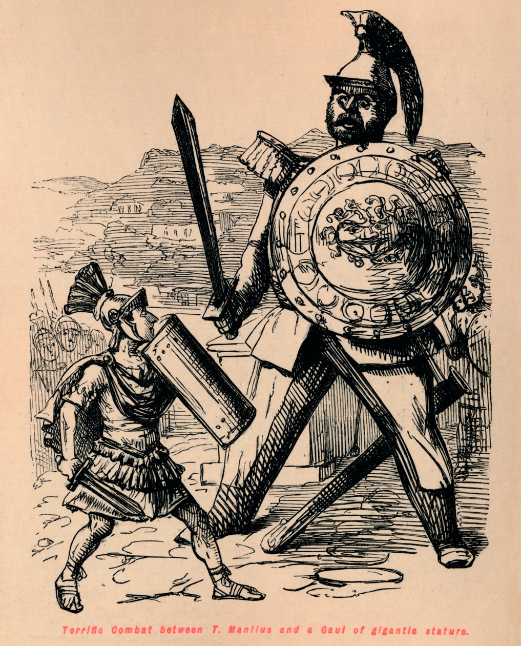 Fantastisk kamp mellem T Manlius og en galler af gigantisk statur, 1852 af John Leech