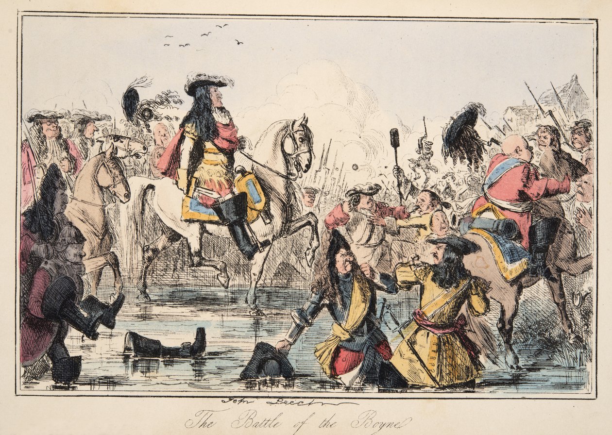 The Battle of the Boyne, fra The Comic History of England, pub. 1864 (håndfarvet radering) af John Leech