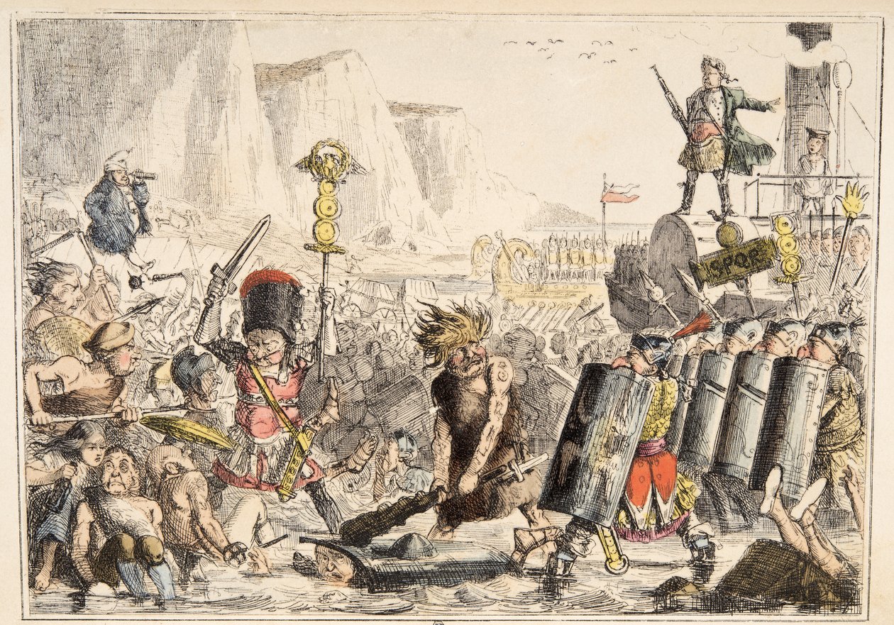 The Landing of Julius Caesar fra The Comic History of England, pub. 1864 (håndfarvet radering) af John Leech