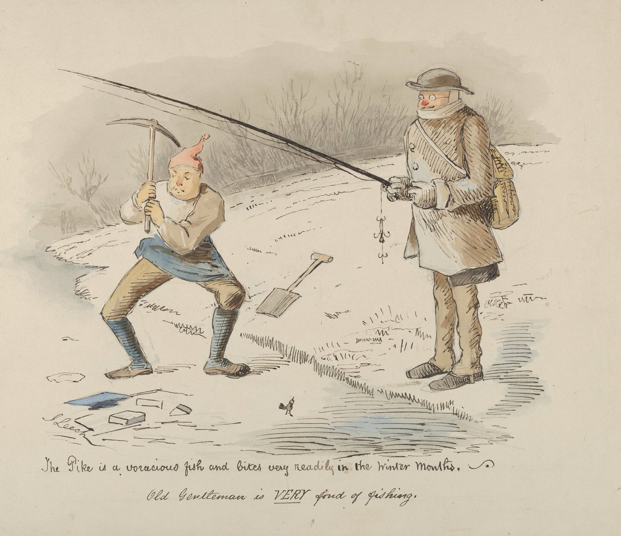 Gedden er en glubsk fisk og bider let i vintermånederne - Old Gentleman..., 1830-64. af John Leech