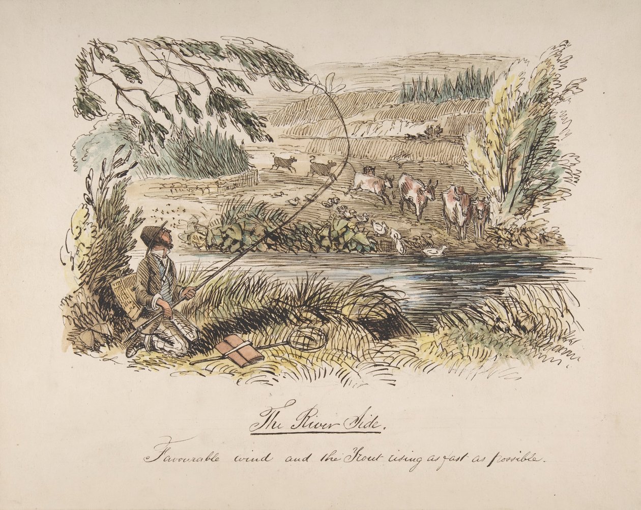 Flodbredden, gunstig vind og ørreden, der stiger så hurtigt som muligt, 1830-64. af John Leech