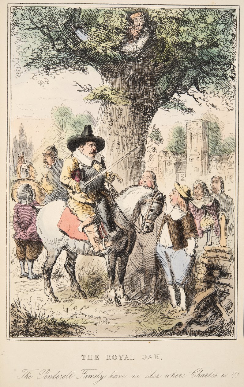 Royal Oak. Penderell-familien aner ikke, hvor Charles er!!!, fra The Comic History of England, pub. 1864 (håndfarvet radering) af John Leech