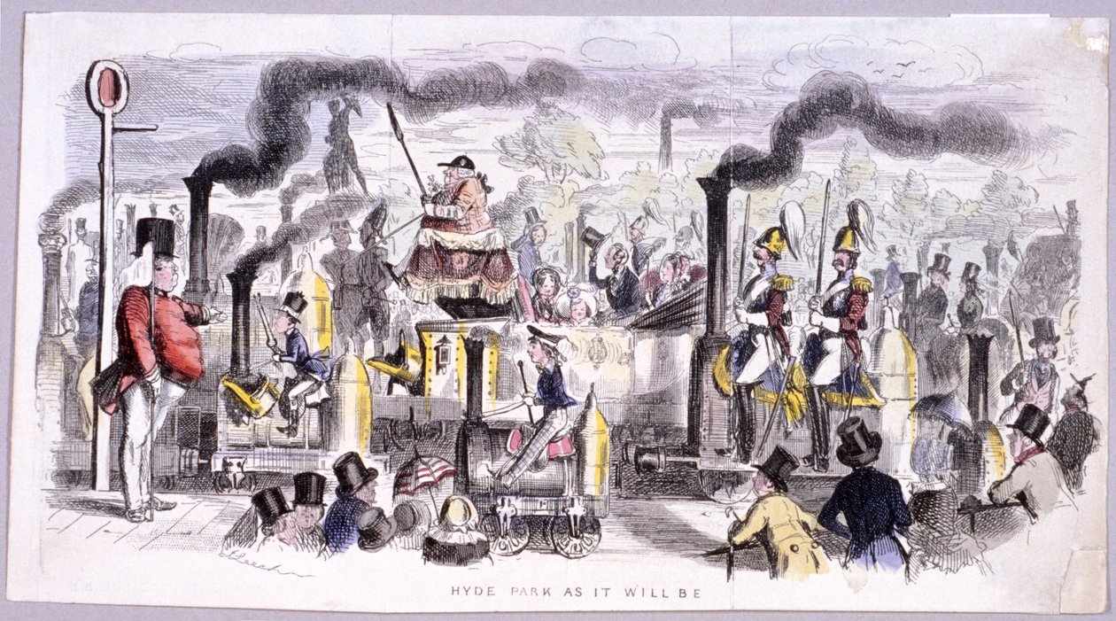 Udsigt over Hyde Park, der satiriserer fremkomsten af damplokomotivet, London, c1850 af John Leech
