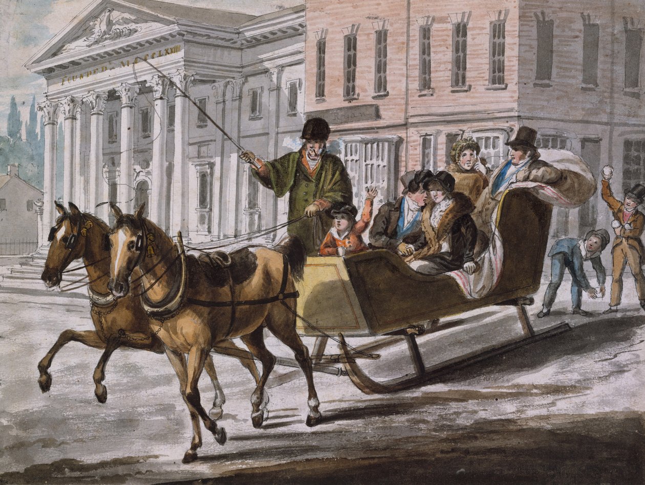 Vinterscene i Philadelphia – Bank of the United States i baggrunden, 1811-ca. 1813. af John Lewis Krimmel