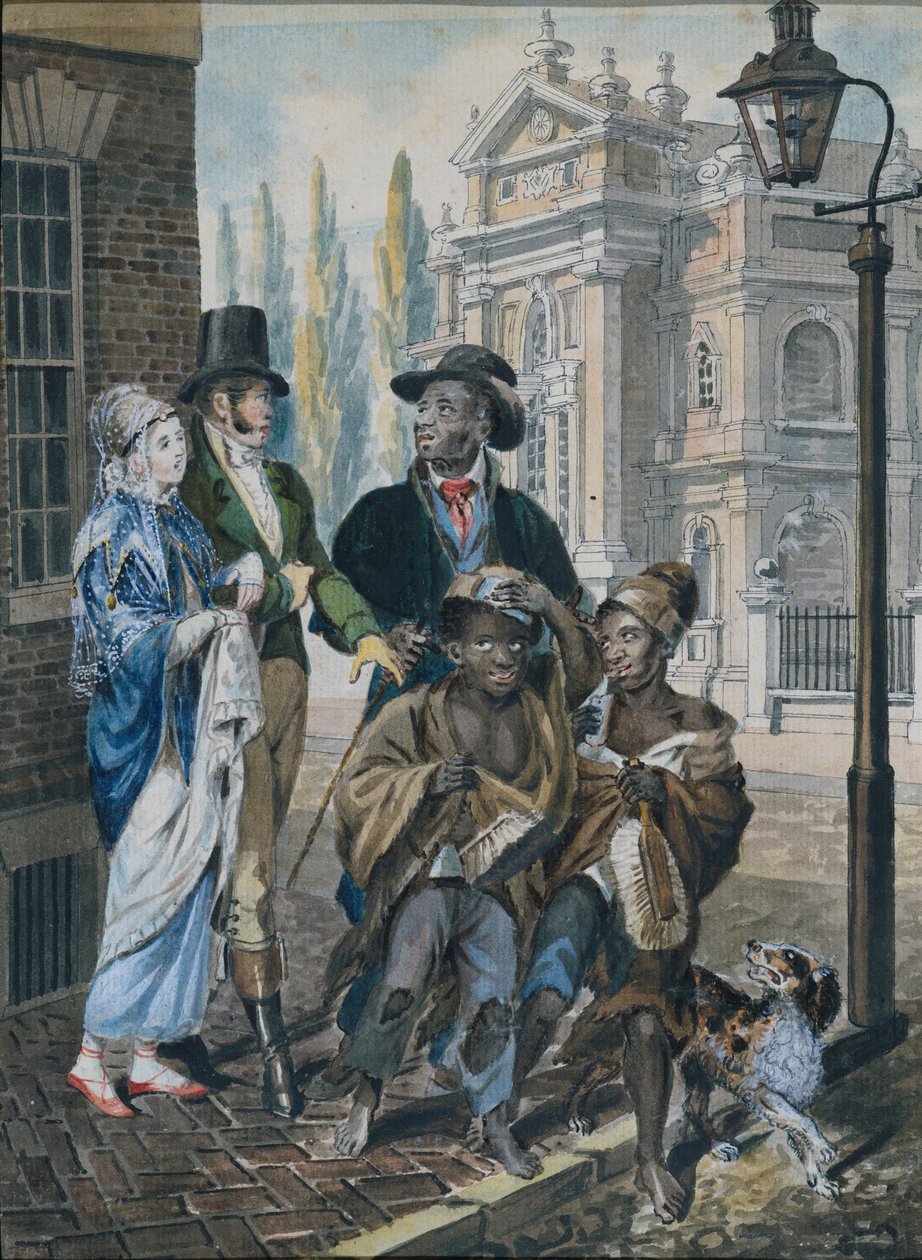 Verdslige Folkespørgsmål Skorstensfejere og deres Mester før Kristi Kirke..., 1811-ca. 1813. af John Lewis Krimmel