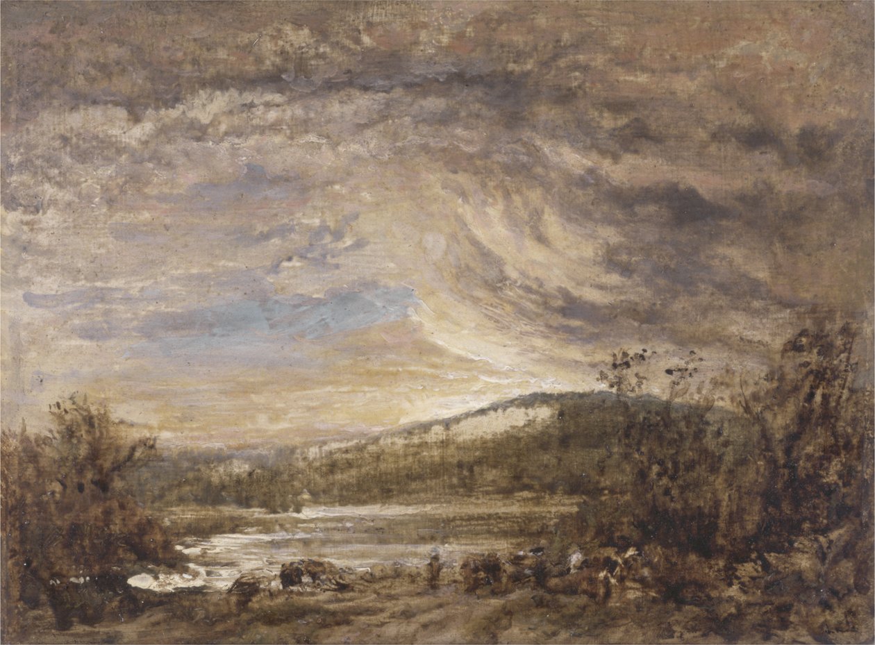 Et flodlandskab, solnedgang (olie på panel) af John Linnell
