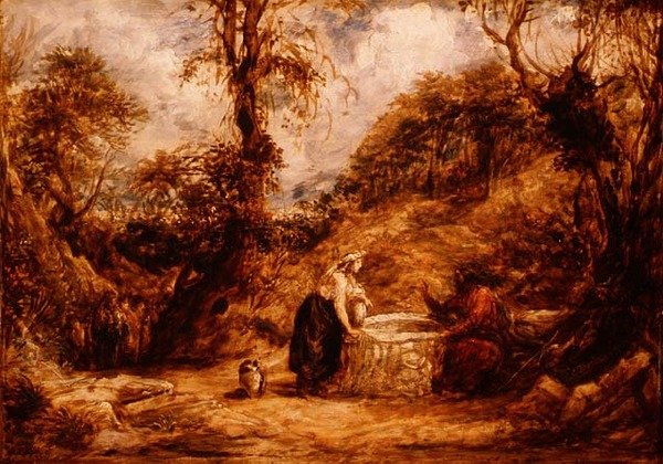 Kristus og Samarias kvinde ved Jakobs brønd, ca. 1850-60 (olie på panel) af John Linnell