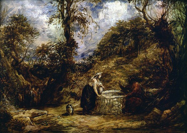 Kristus og kvinden fra Sumeria ved brønden (olie på panel) af John Linnell