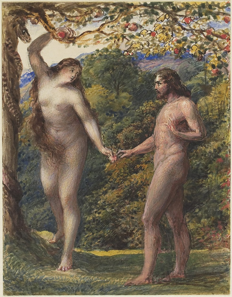 Eve Offering the Forbidden Fruit to Adam, 1830-35 (pen og brunt blæk med wc forhøjet med kropsfarve over grafit på vævet papir) af John Linnell