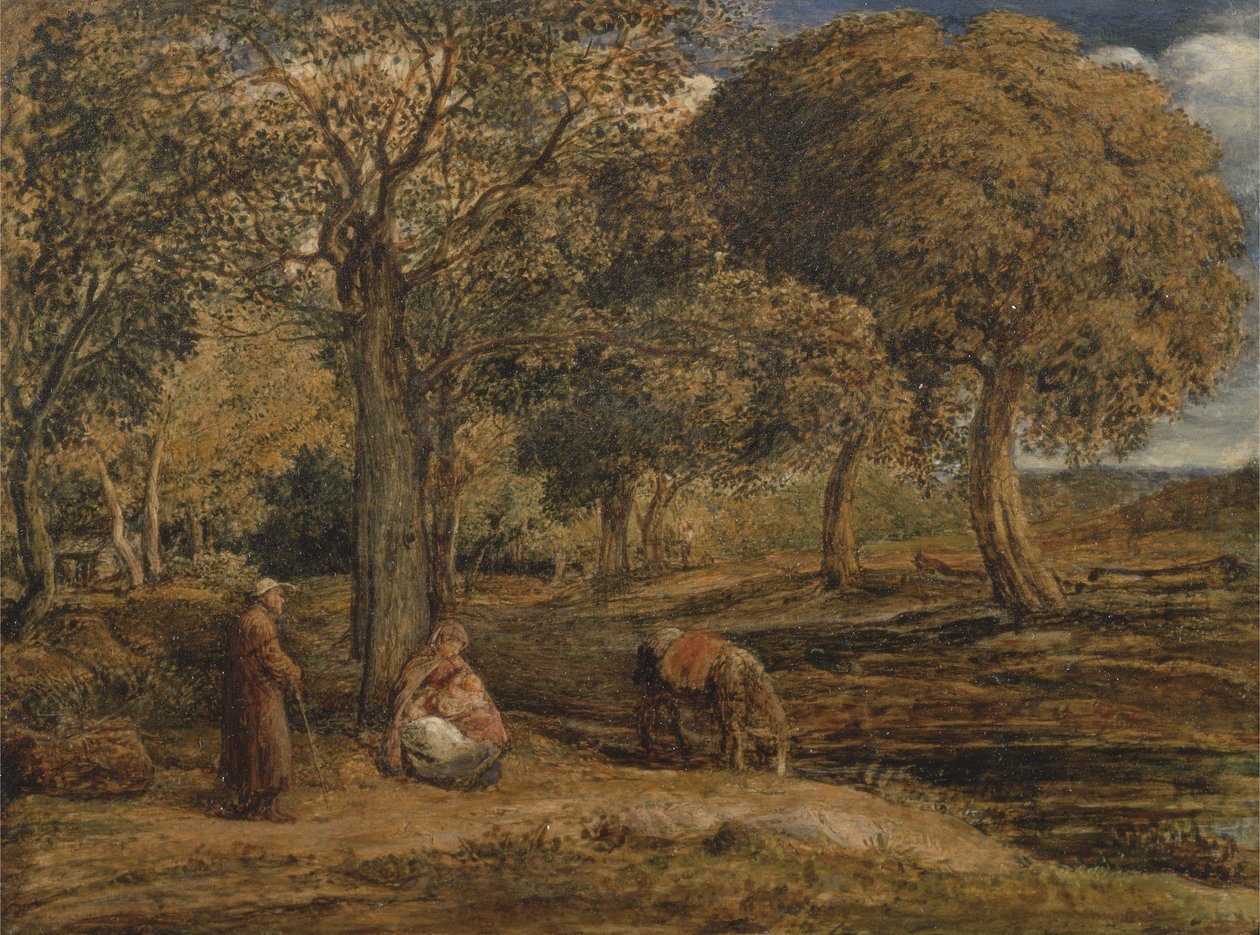Landskab med familiegruppe, muligvis The Rest on the Flight into Egypt, ca. 1827 (olie på panel) af John Linnell