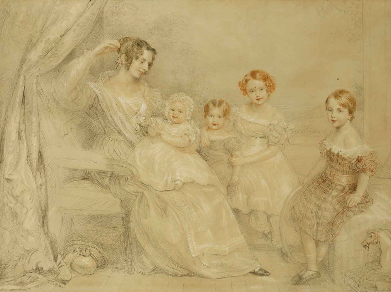 Portræt af fru W.S. Fry og hendes fire børn: Emma, Willy, Julie og Georgina, siddende i et interiør, 1840 af John Linnell