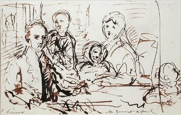 William Albin Garratt og familie, ca. 1830 (pen og blæk på papir) af John Linnell