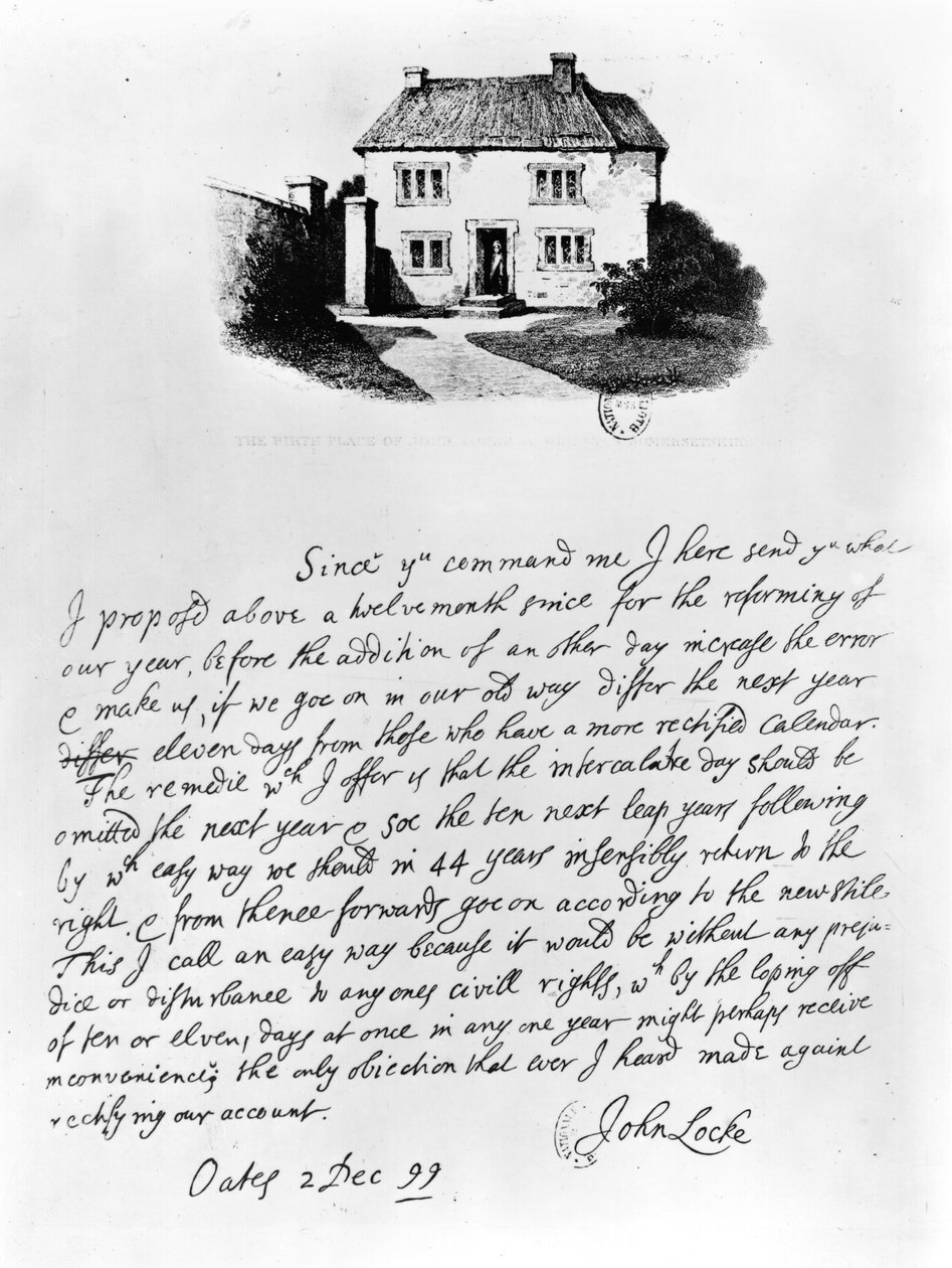 Faksimile af et brev, der illustrerer huset, hvori Locke (1632-1704) blev født i Wrington, Somerset (pen og blæk på papir) af John Locke